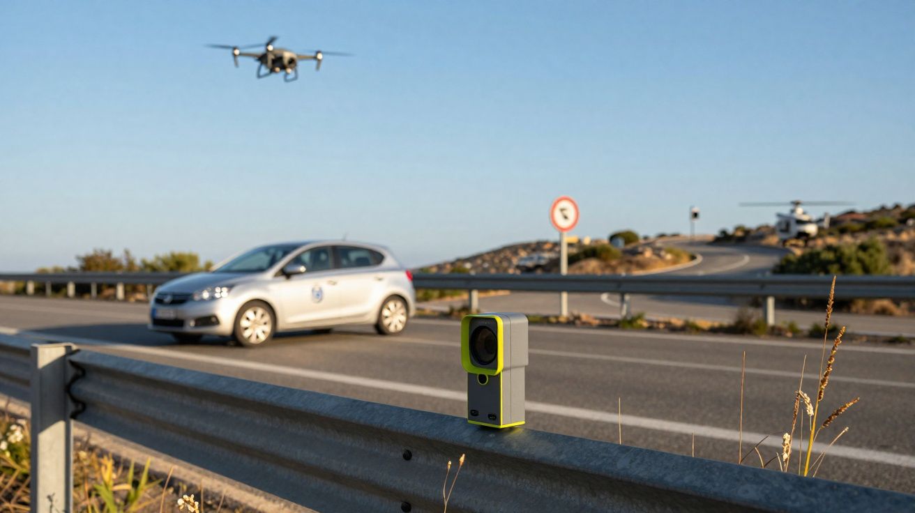 Drone de fiscalização voando sobre veículo branco em estrada com radar fixado no meio-fio.