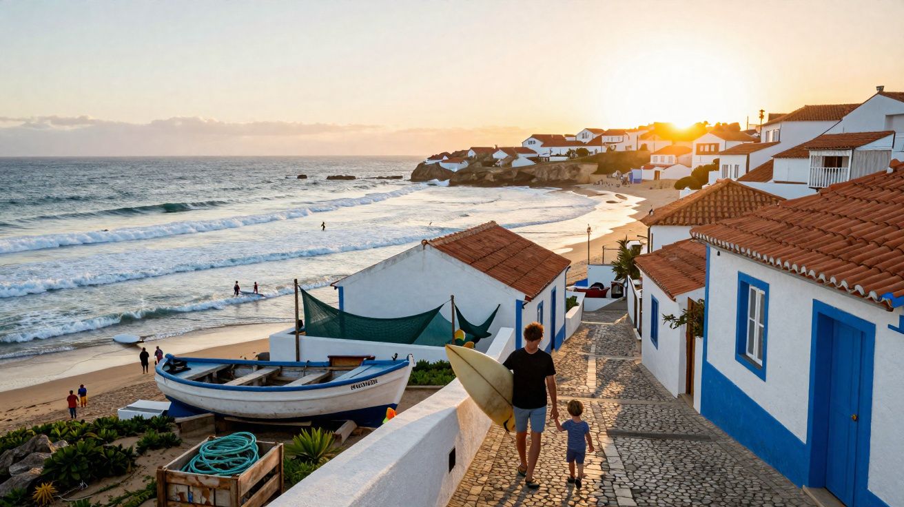 Pôr do sol em vila litorânea com casas brancas, pessoas na praia e homem com prancha caminhando com criança.