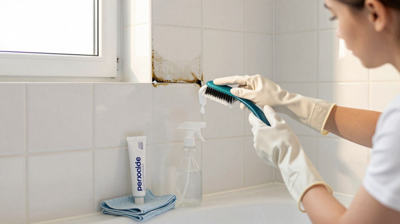 Pessoa usando luvas com escova e produto de limpeza para remover mofo em azulejo de banheiro branco.