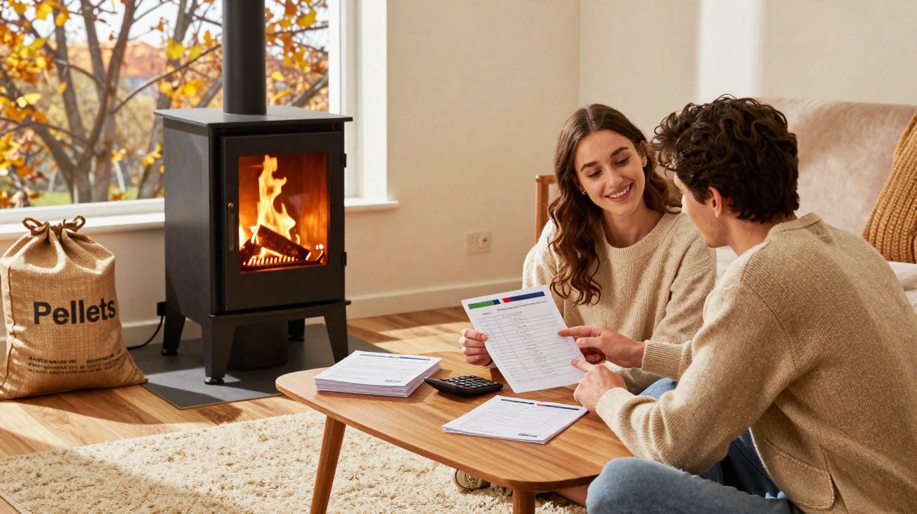 Casal sentado na sala com lareira, analisando documentos na mesa de madeira.