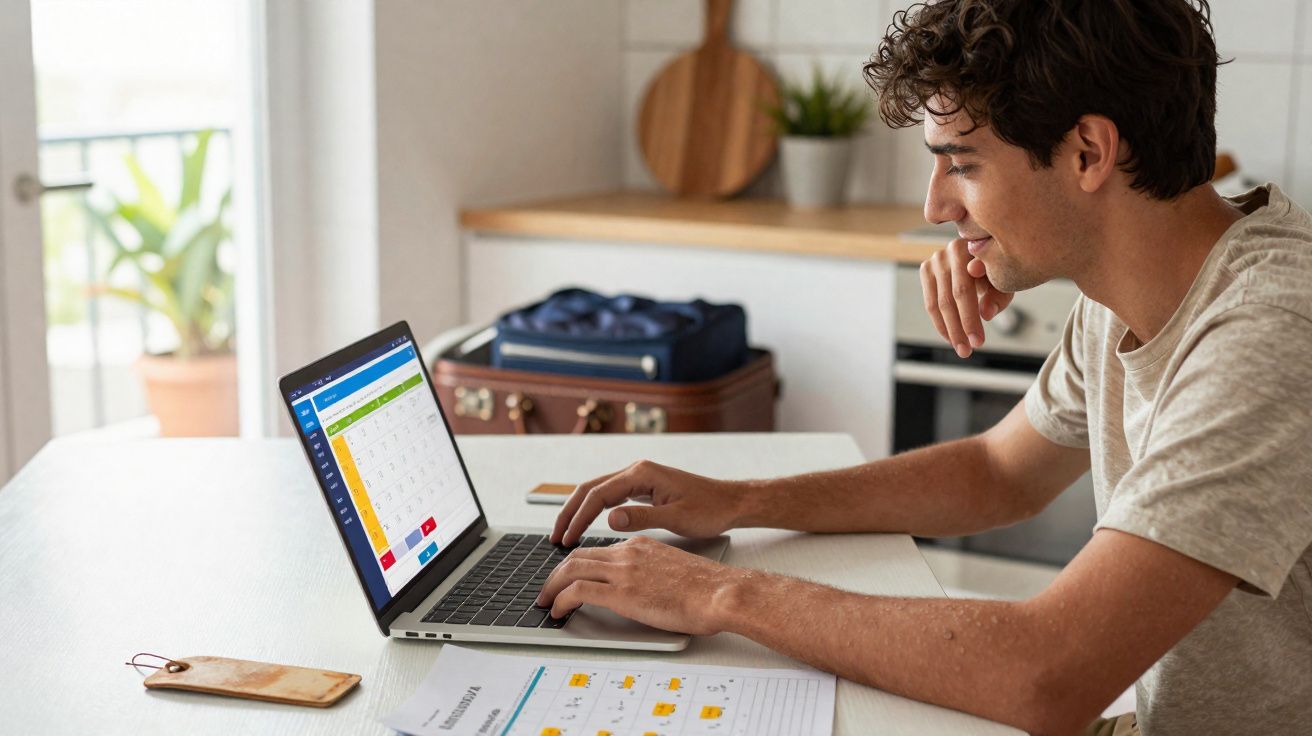 Homem jovem usando laptop em mesa com documentos, em ambiente interno iluminado e casual.