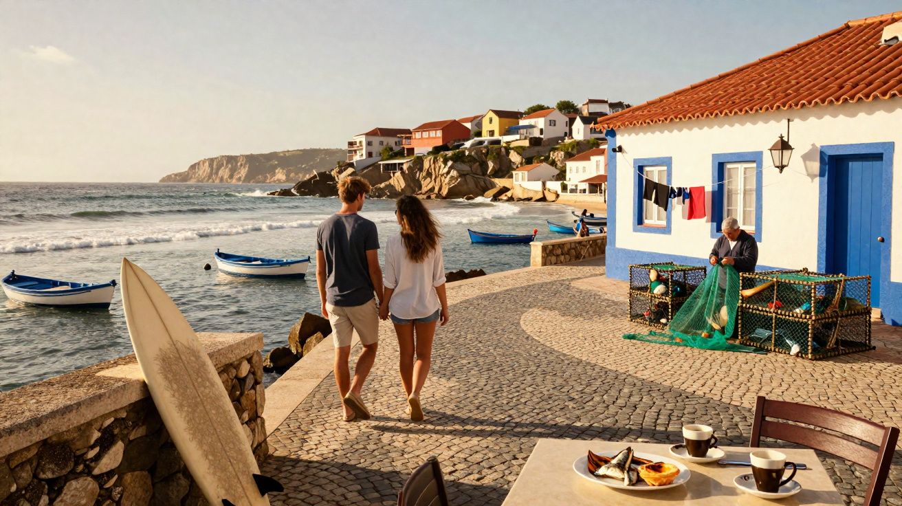 Casal caminhando de mãos dadas à beira-mar em vila com barcos e pescador ao lado de casa azul e branca.