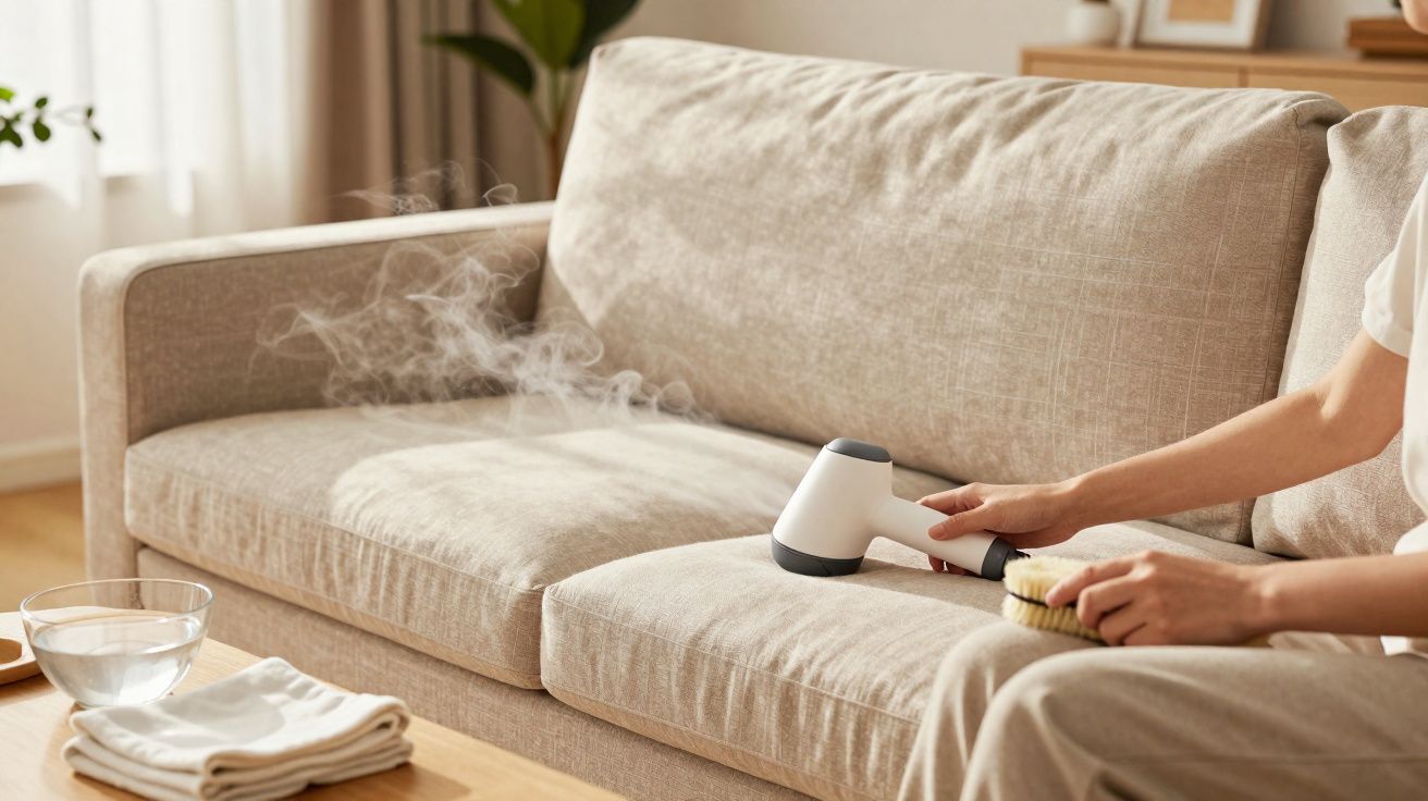 Pessoa limpando sofá bege com vaporizador e escova em sala iluminada.