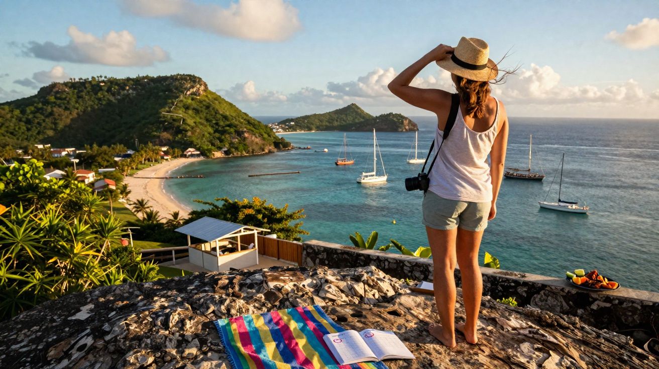 Mulher de chapéu com câmera observa vista de praia e barcos em enseada ao pôr do sol.