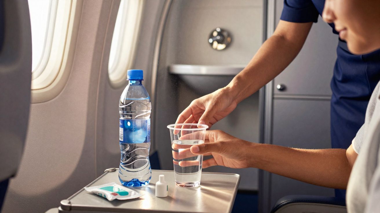 Comissária entregando copo com água para passageiro dentro de avião.