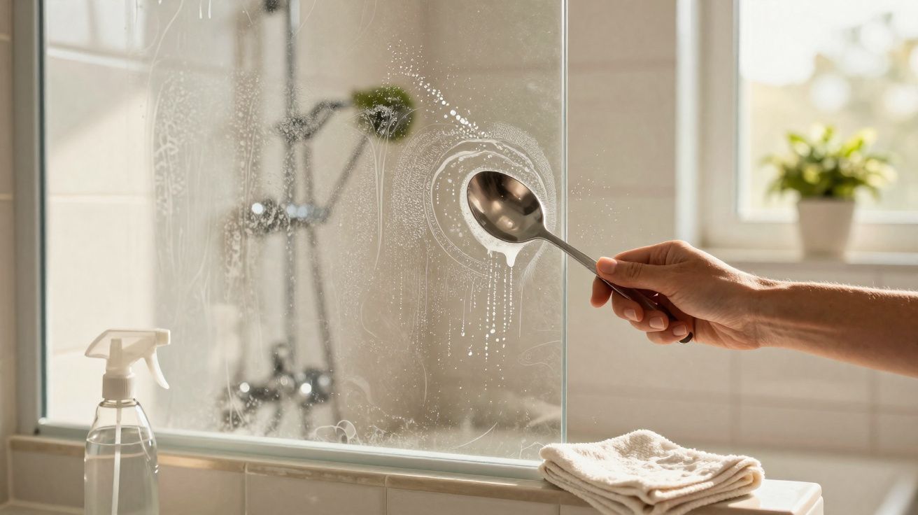 Pessoa limpando vidro do box do banheiro usando colher e spray de limpeza ao lado de toalha branca.