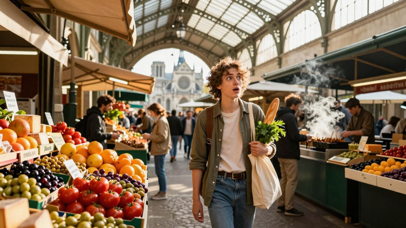 Pessoa jovem com sacola de feira caminhando em mercado coberto com barracas de frutas e legumes.