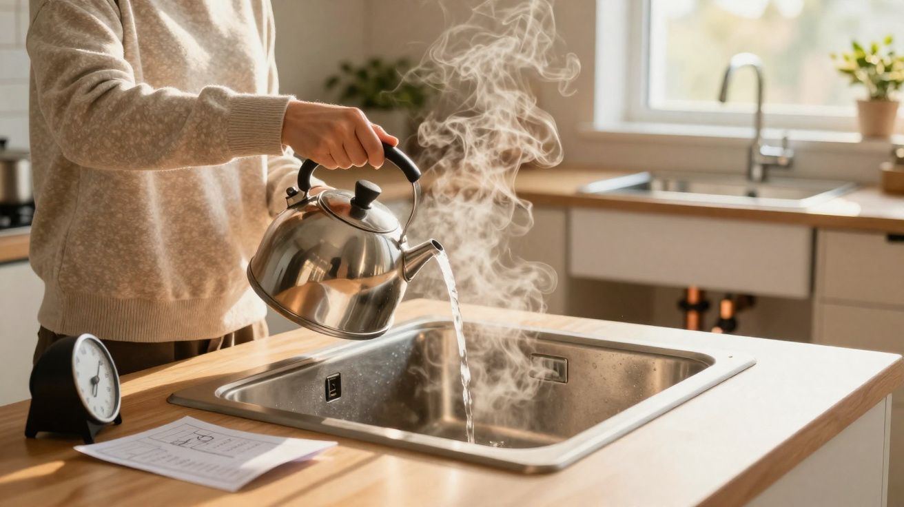 Pessoa despejando água quente fumegante de chaleira em pia de cozinha moderna iluminada pela luz natural