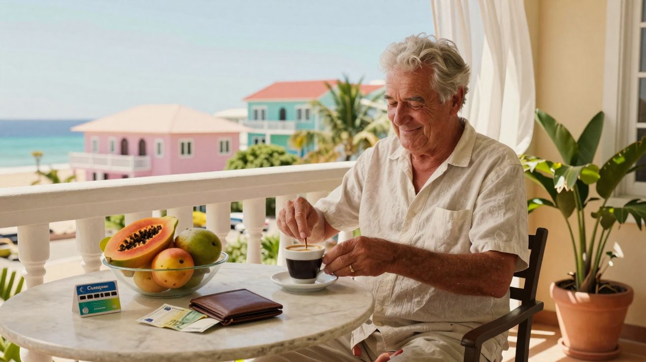 Homem idoso sentado em varanda com café, frutas e vista para casas coloridas à beira-mar.