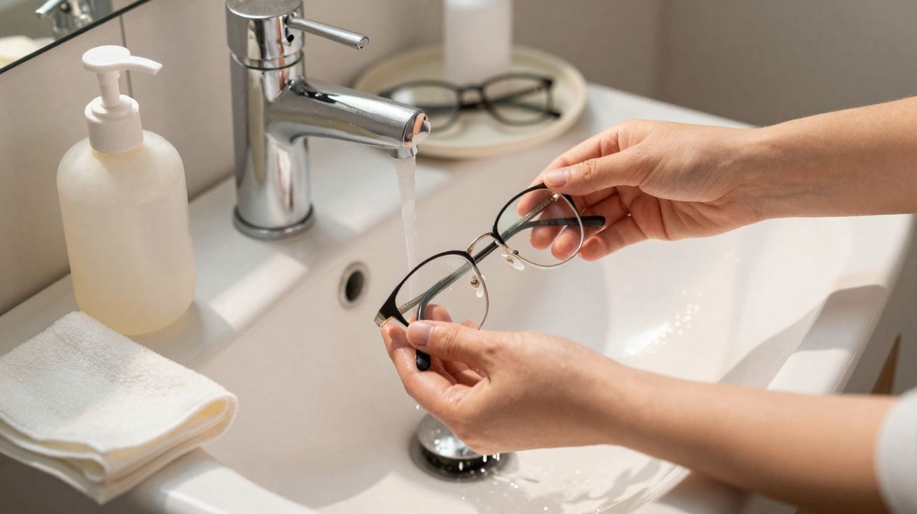 Pessoa lavando óculos com armação preta em pia branca com água corrente e sabonete líquido.