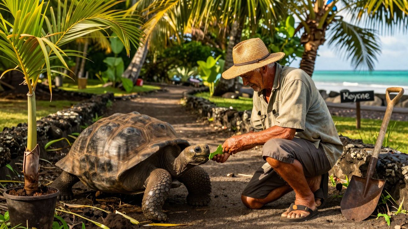 Homem idoso alimentando uma tartaruga gigante em caminho arborizado com palmeiras.