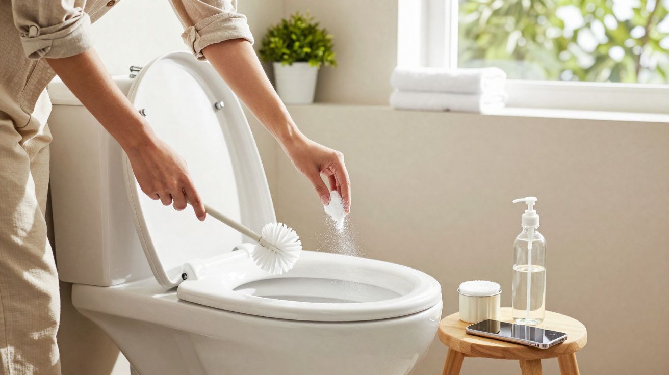 Pessoa limpando vaso sanitário com escova e produto de limpeza em banheiro iluminado por luz natural