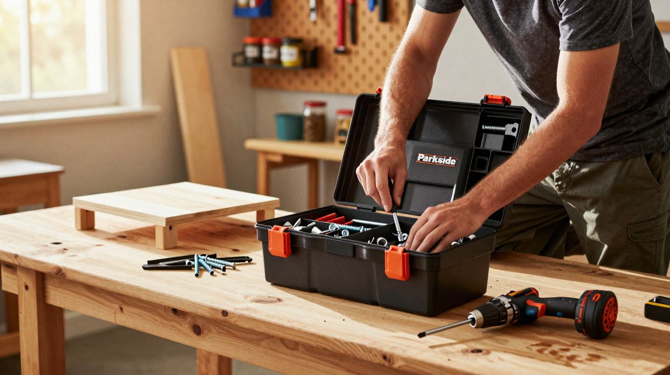 Pessoa abrindo caixa de ferramentas preta com parafusos em bancada de madeira em oficina iluminada.