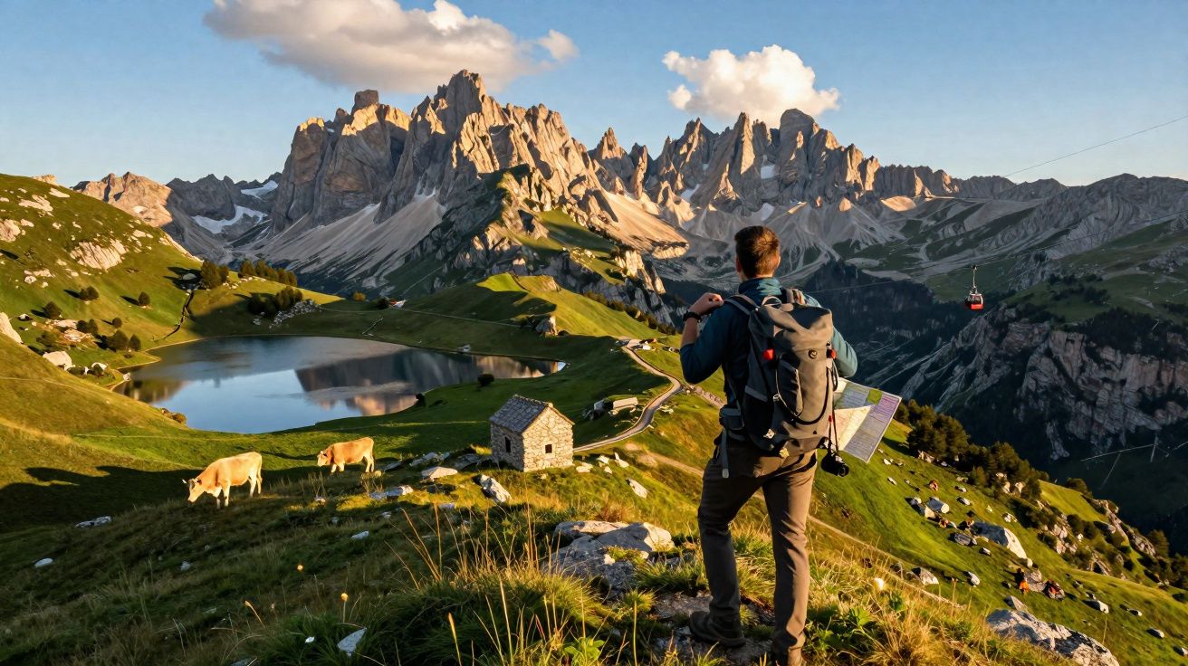 Homem com mochila observa mapa em trilha com montanhas, lago e vacas ao fundo ao pôr do sol.