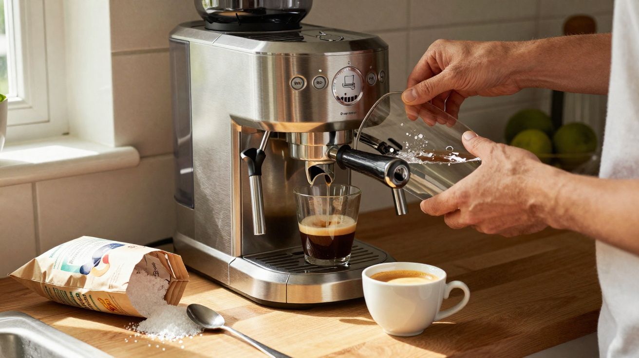 Pessoa preparando café espresso e espumando leite com máquina de café em bancada de cozinha.