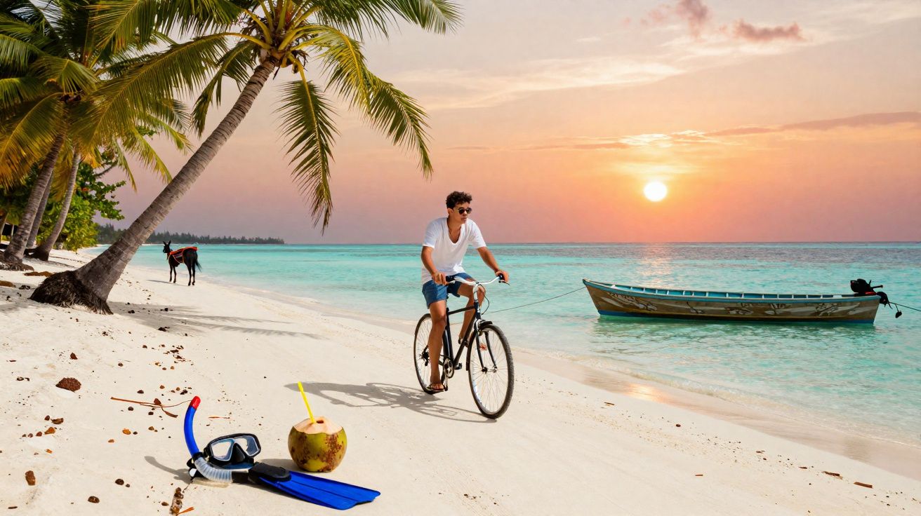 Homem andando de bicicleta na praia ao pôr do sol, com coqueiros, barco e equipamentos de mergulho na areia.
