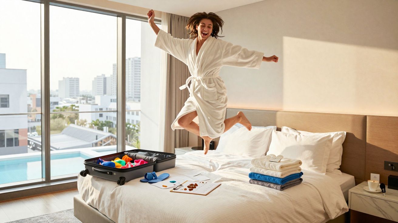 Mulher feliz de roupão branco pulando na cama de hotel com mala aberta e dedos dobrados.
