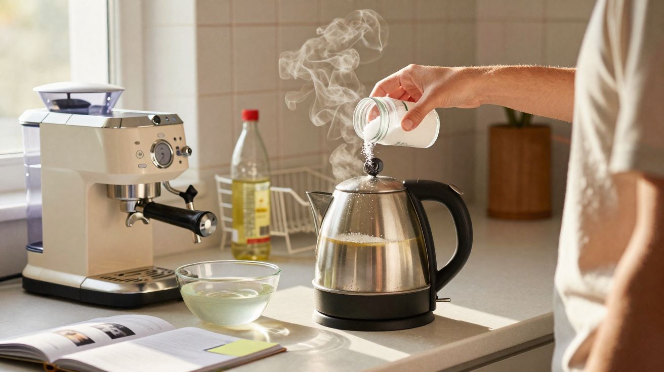 Pessoa colocando sal em uma chaleira elétrica com vapor em uma cozinha iluminada.