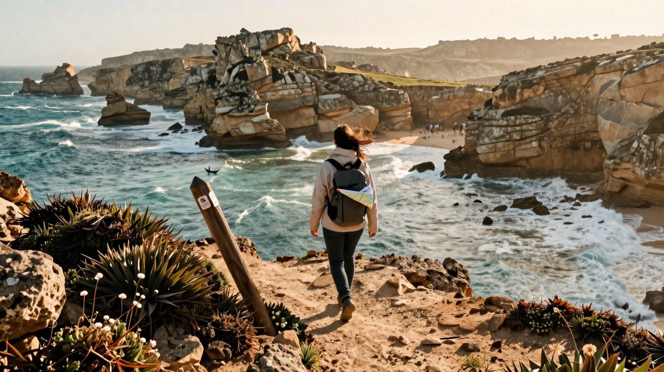 Pessoa caminhando por trilha rochosa à beira-mar com falésias e vegetação rasteira ao entardecer.