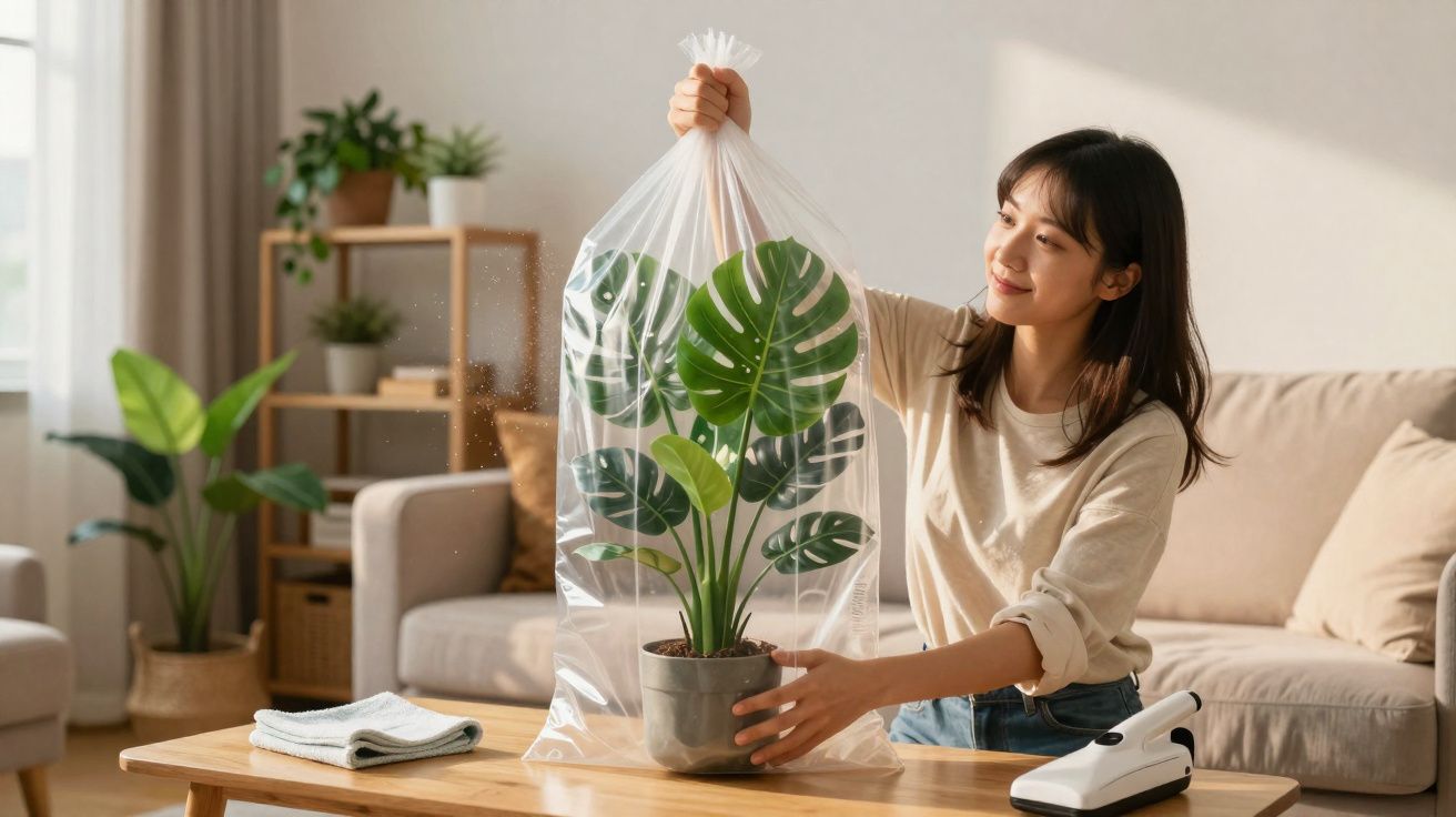 Mulher protegendo planta em vaso com saco plástico transparente dentro de sala de estar iluminada.