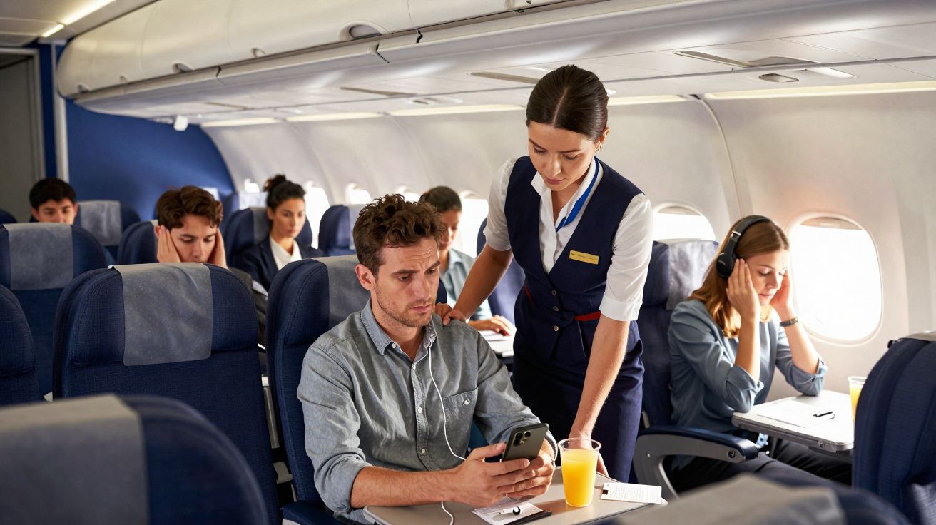 Comissária atendendo passageiro com copo de suco na poltrona do avião durante voo comercial.