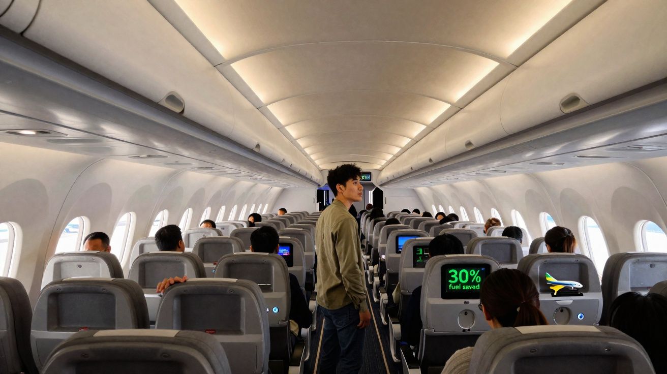 Interior de avião comercial com passageiros sentados e uma pessoa em pé no corredor central.