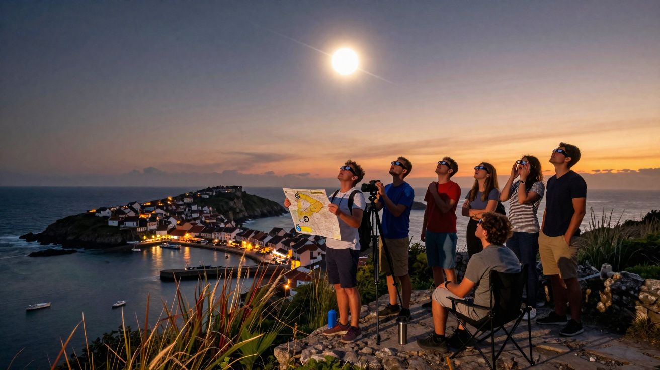 Grupo de pessoas com óculos especiais observando o eclipse solar ao pôr do sol em área costeira com casas iluminadas.