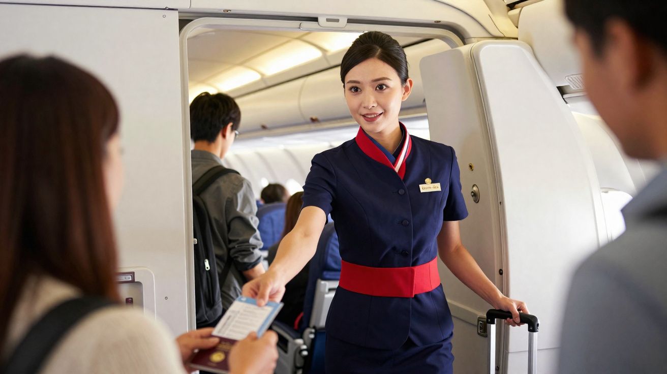 Comissária de bordo em uniforme entrega cartão de embarque para passageiro dentro do avião.