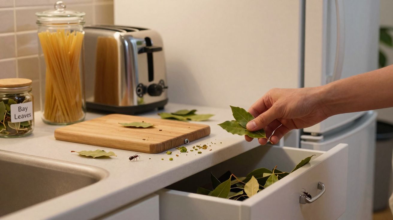 Mão colocando folha de louro em gaveta da cozinha com formigas na bancada e frascos de macarrão e tempero.