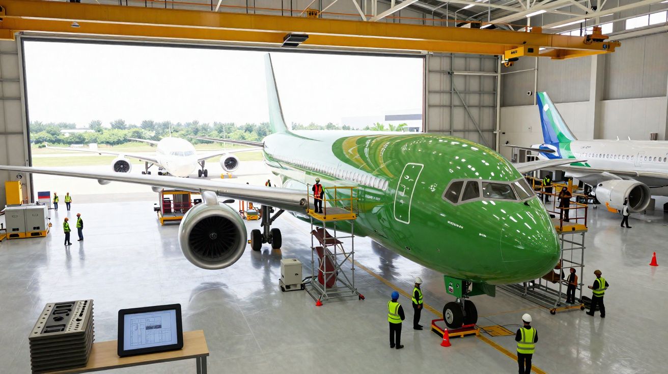 Avião verde em manutenção dentro de hangar com técnicos ao redor e outro avião ao fundo.