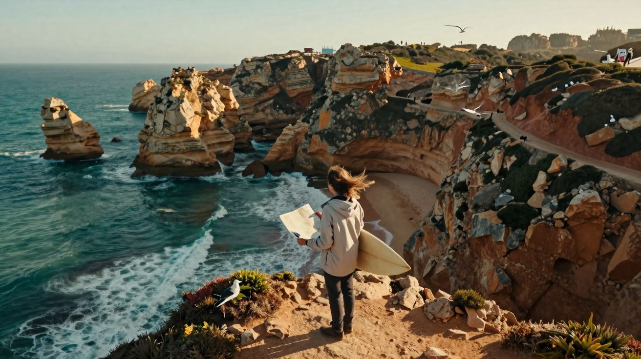Pessoa com prancha de surf observa o mar e formações rochosas em penhasco ensolarado na costa.