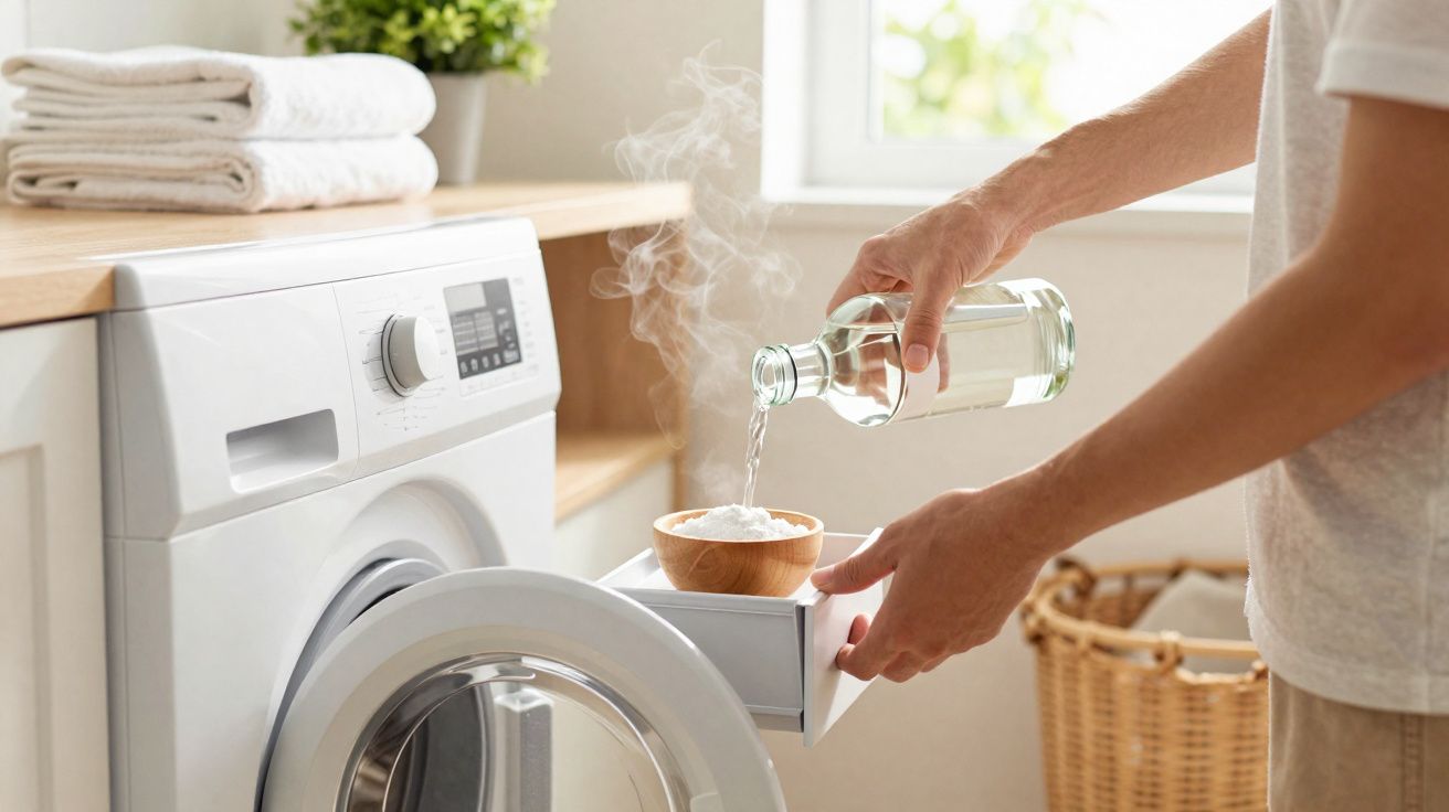 Pessoa despejando vinagre em compartimento de máquina de lavar roupa branca em lavanderia.