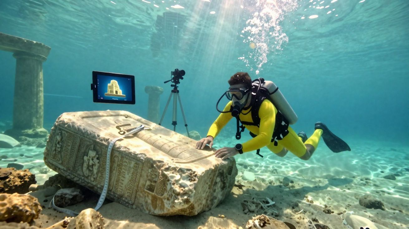 Mergulhador em equipamento completo examina ruína subaquática com ferramentas e tablet ao fundo.
