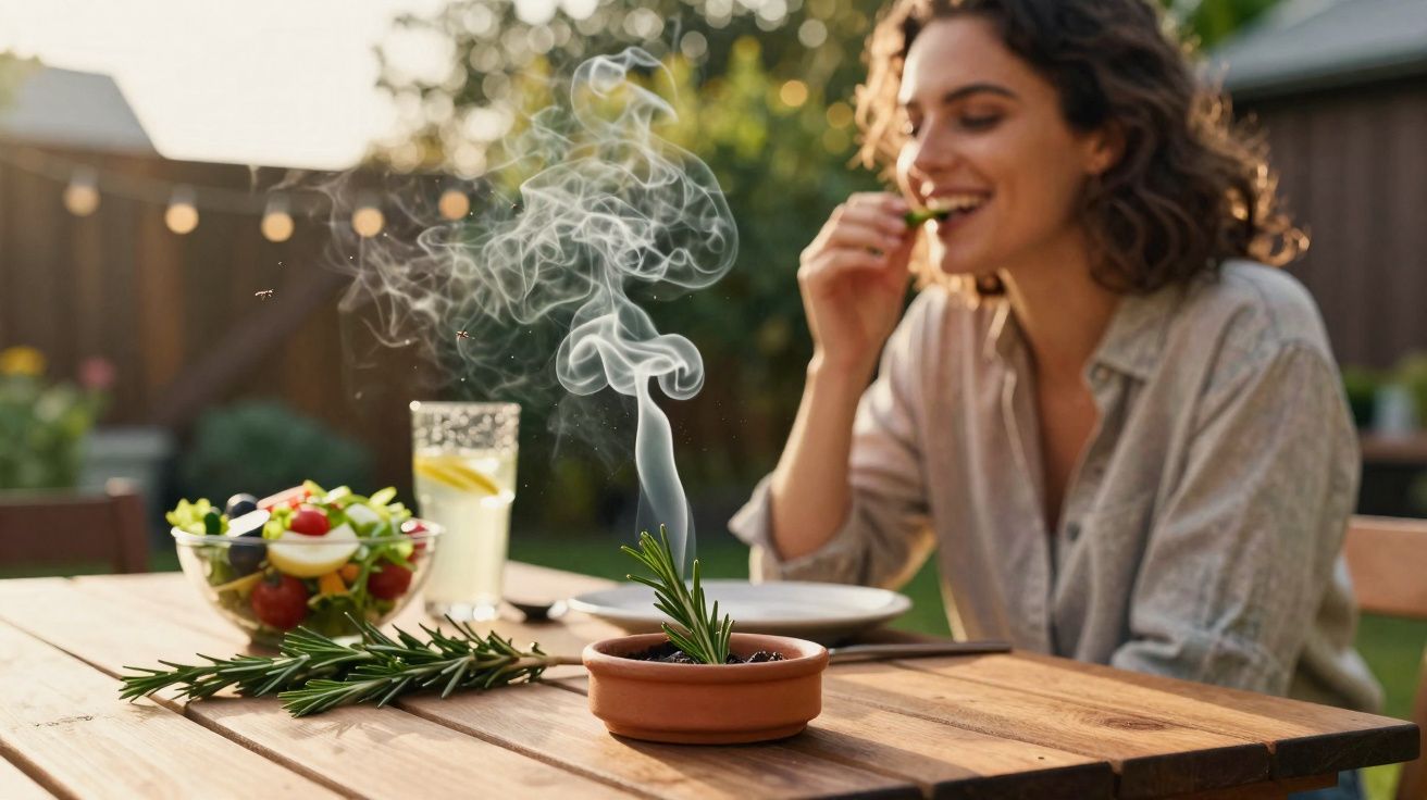 Mulher sorrindo comendo salada ao ar livre, com incenso de alecrim fumegante na mesa.