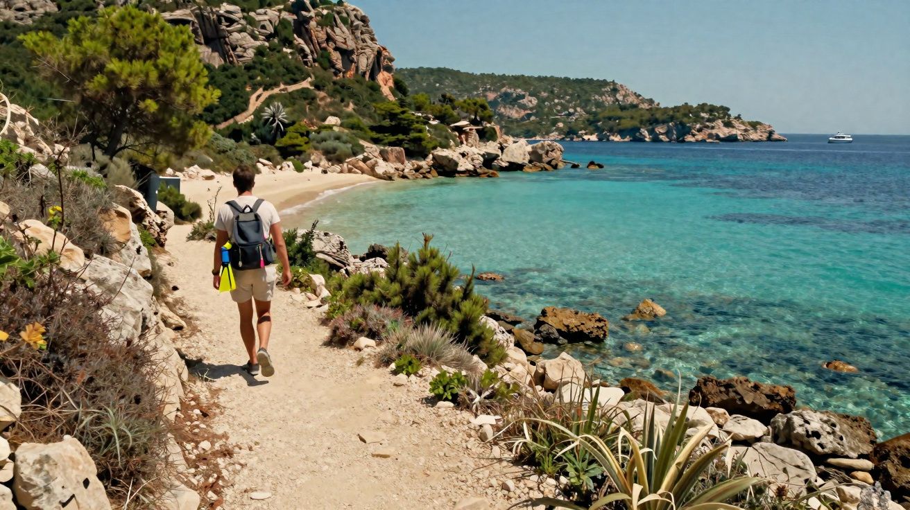 Pessoa caminhando por trilha à beira de praia com mar azul e vegetação rochosa sob céu claro.