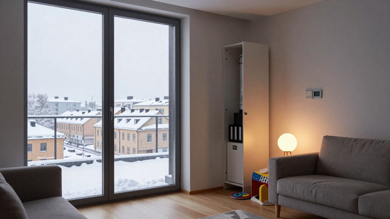 Sala de estar com sofá cinza, armário branco e janela grande com vista para prédios cobertos de neve.