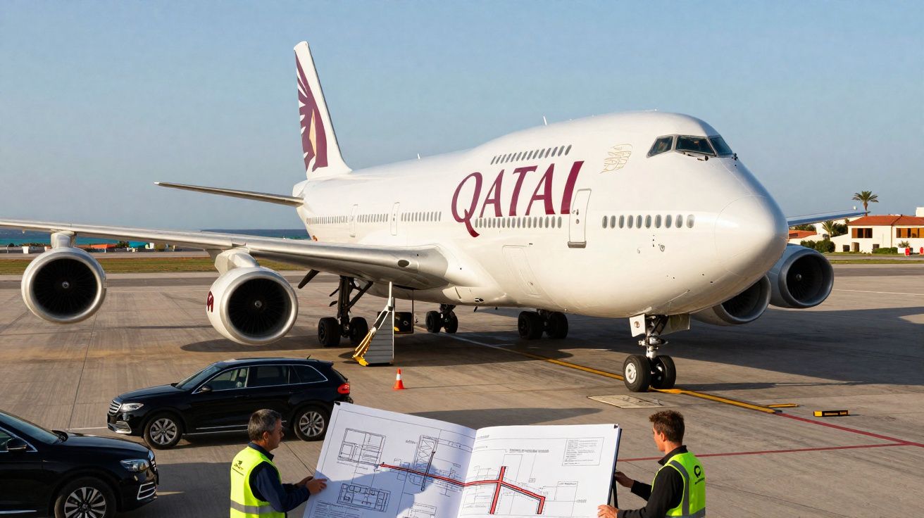 Avião da Qatar Airways estacionado no aeroporto com duas pessoas analisando planta baixa em primeiro plano.