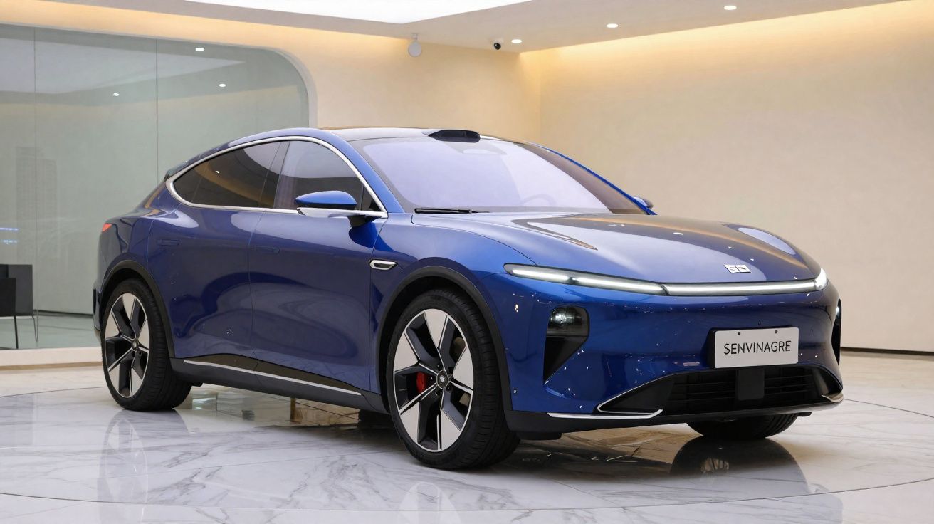 Carro elétrico azul moderno estacionado em interior com piso de mármore e paredes claras.