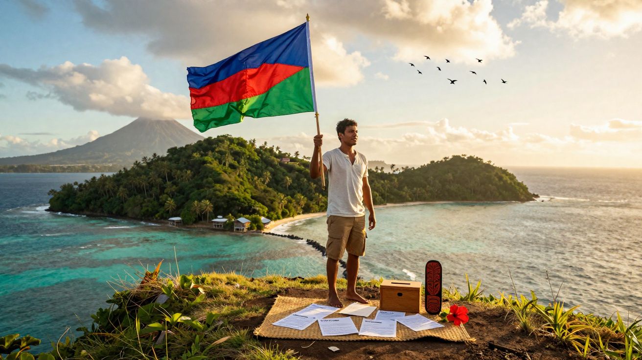 Jovem segura bandeira colorida no topo de penhasco com vista para ilhas e mar ao pôr do sol.