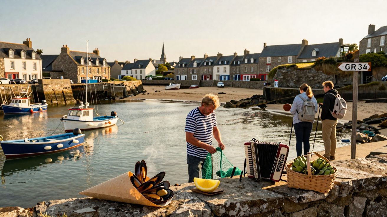 Homem arrumando redes de pesca em porto com barcos, casas e dois turistas ao fundo no final de tarde.