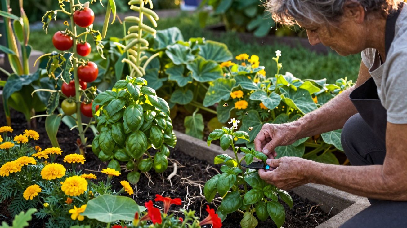 Pessoa cuidando de plantas e flores em jardim com tomates, manjericão e flores amarelas e vermelhas.
