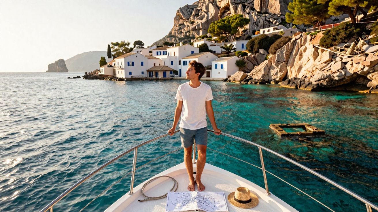 Homem em barco observa vilarejo com casas brancas à beira de águas azuis cristalinas e rochas.