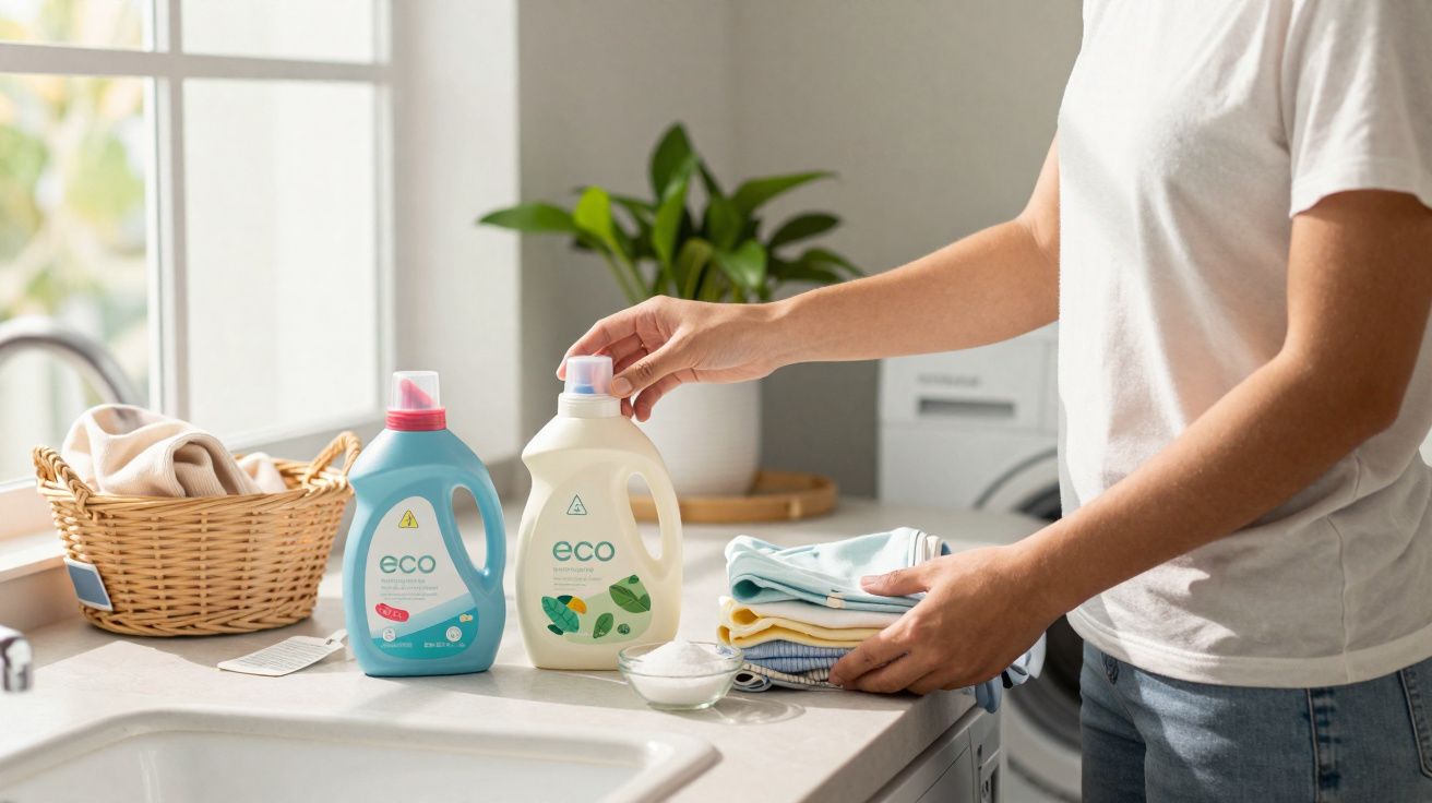 Pessoa colocando roupas dobradas ao lado de duas embalagens de detergente ecológico em cozinha clara.