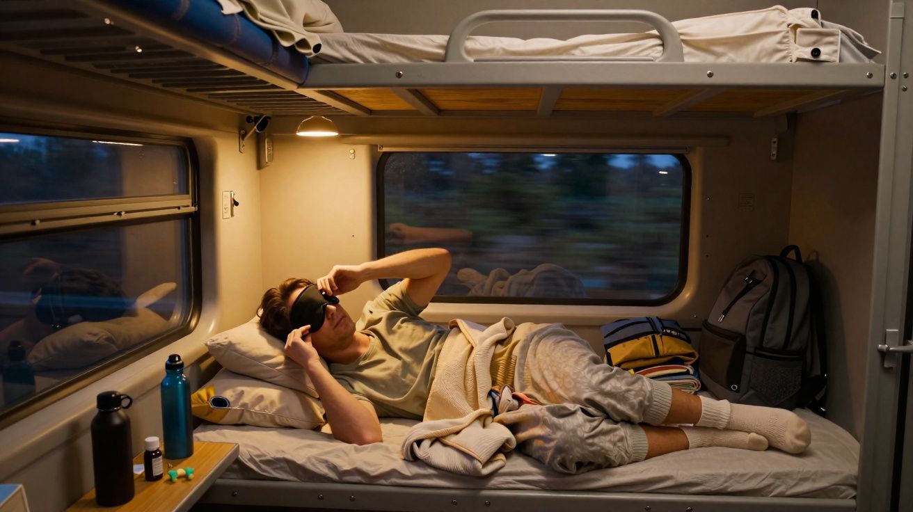 Pessoa deitada em cabine de trem, ajustando máscara de dormir, com mochila e garrafas na prateleira ao lado.