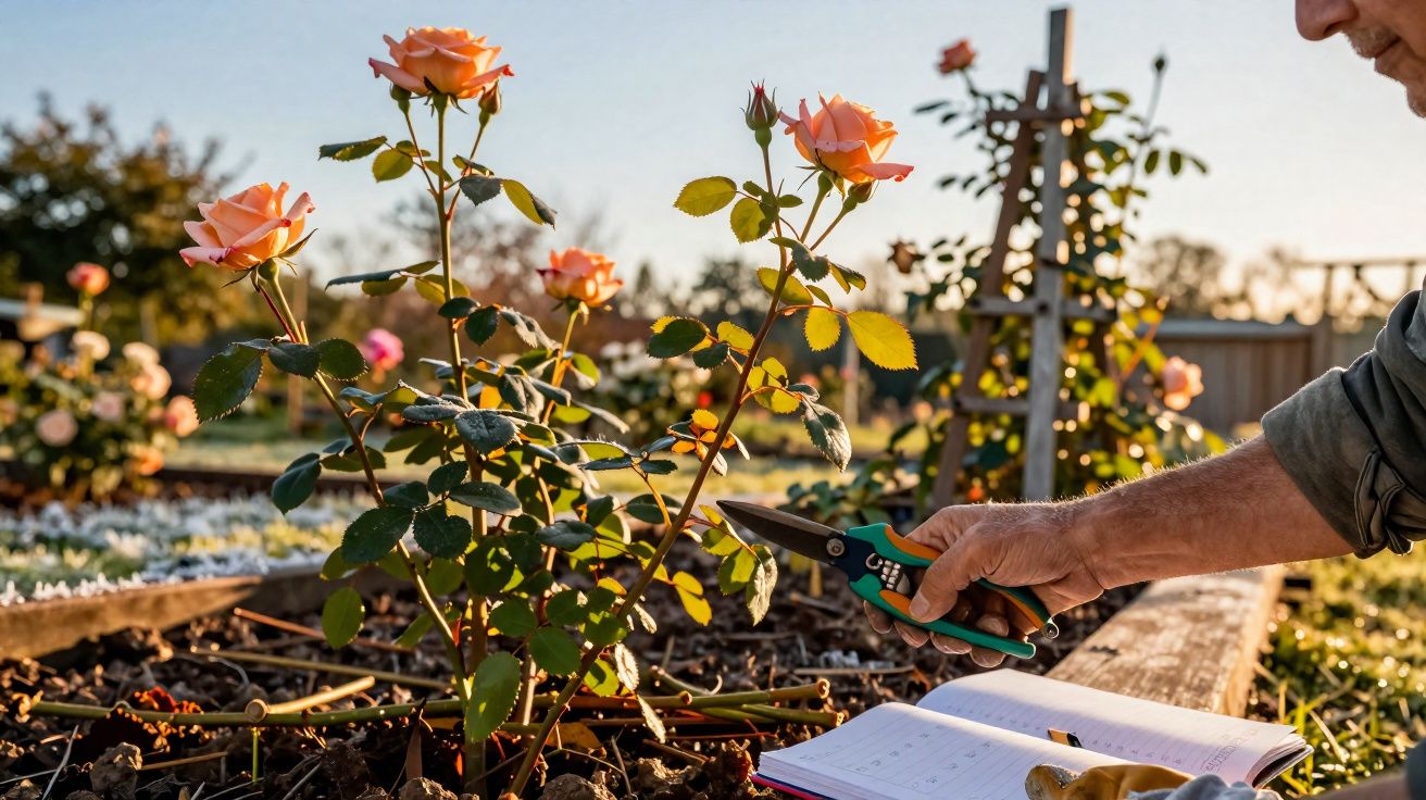 Pessoa podando rosas cor de pêssego em jardim ensolarado com caderno aberto ao lado.