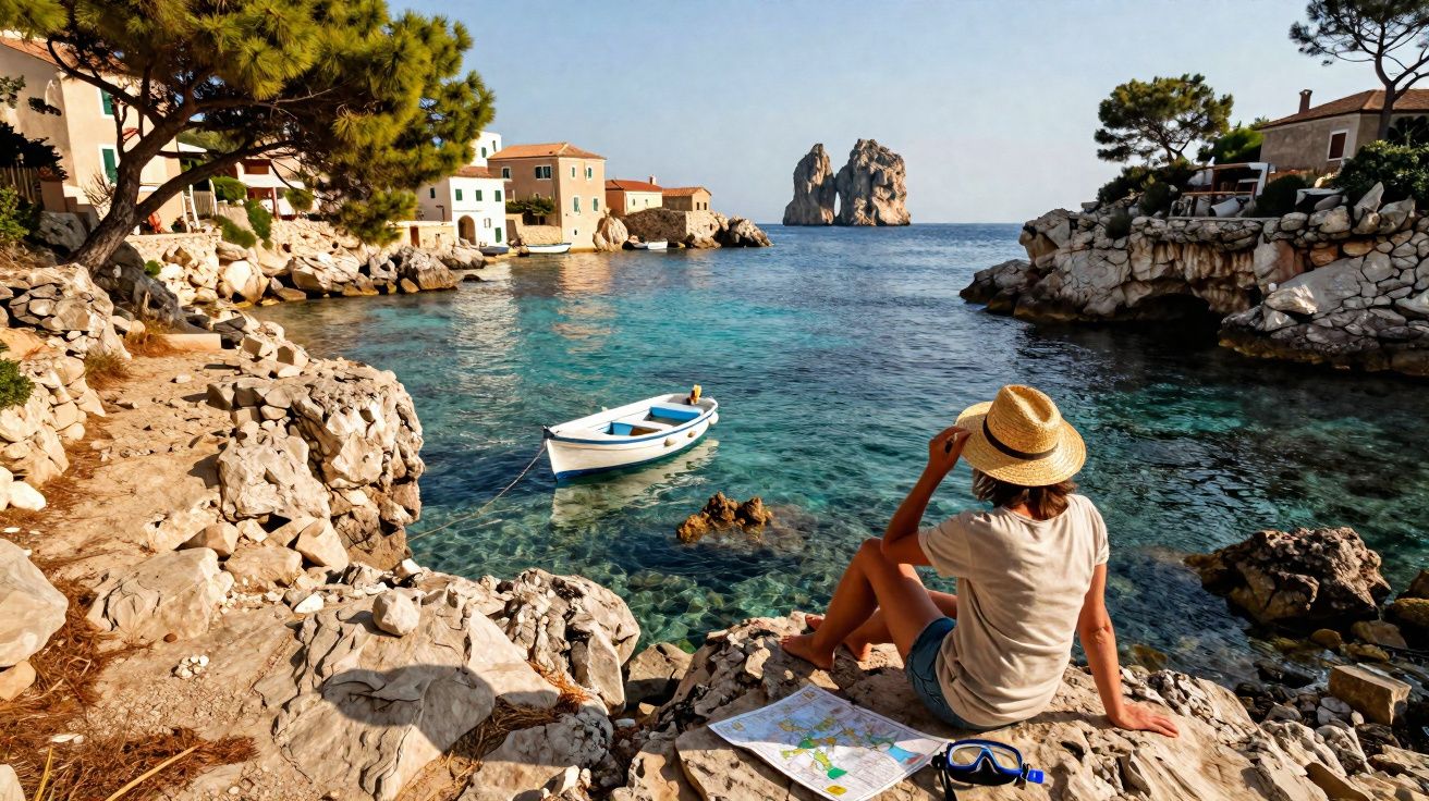 Pessoa de chapéu sentada em pedras à beira-mar com barco e casas ao fundo em dia ensolarado.