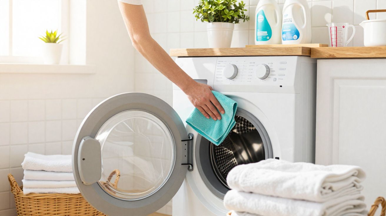 Pessoa limpando a porta de uma máquina de lavar roupa branca em lavanderia iluminada.
