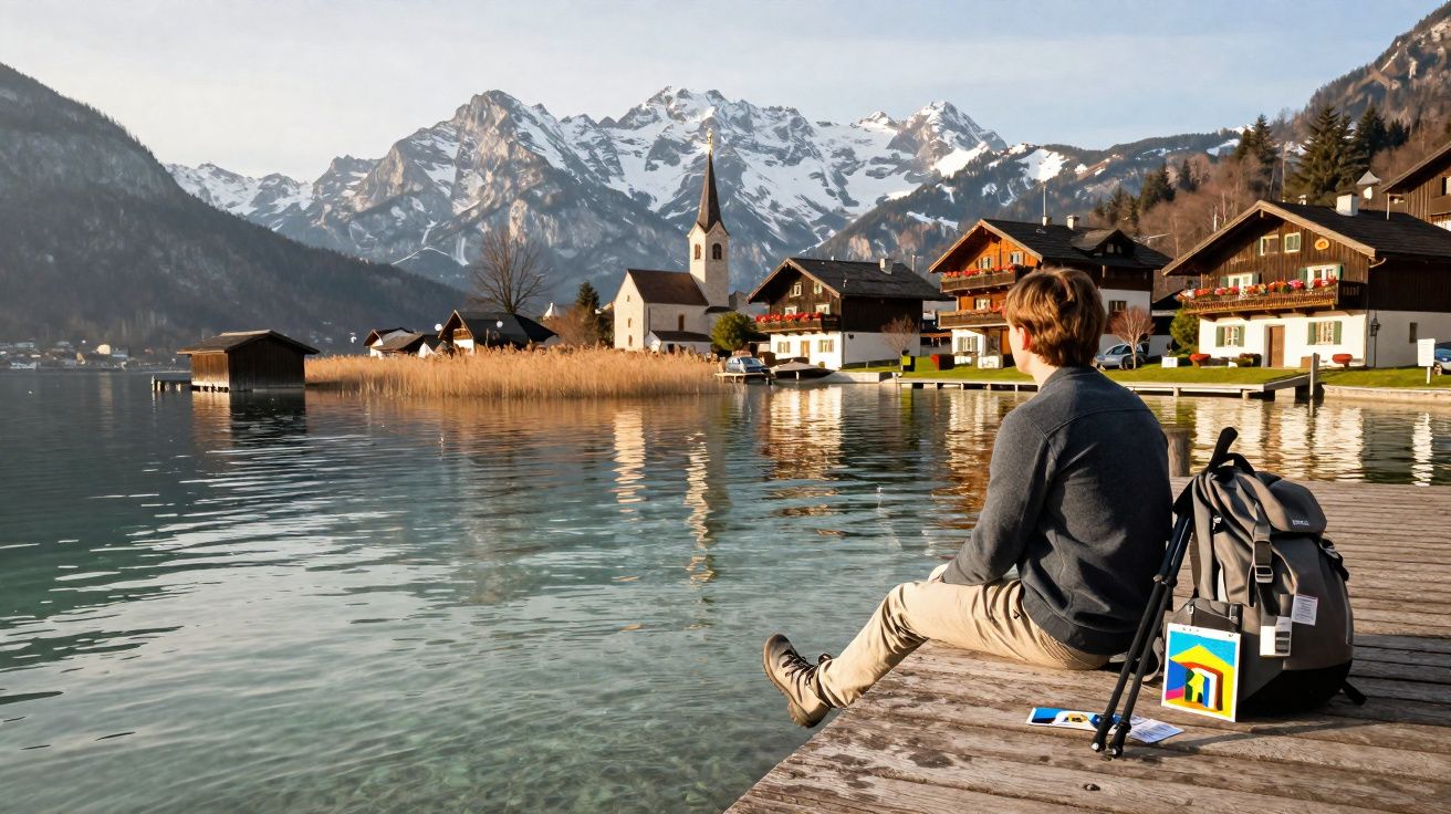 Homem sentado em pier de madeira contemplando lago e vilarejo com montanhas ao fundo.