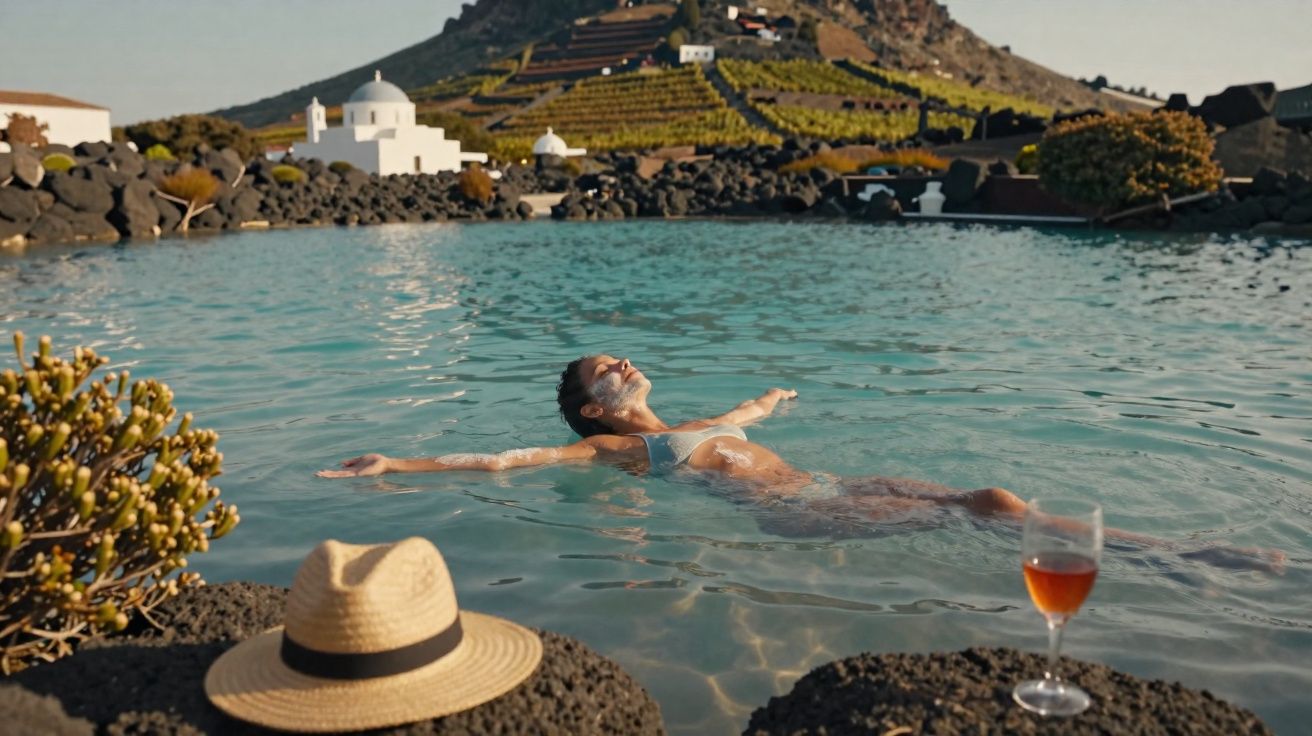 Mulher relaxando em lago termal com chapéu e taça de vinho na pedra, monte e casas ao fundo.