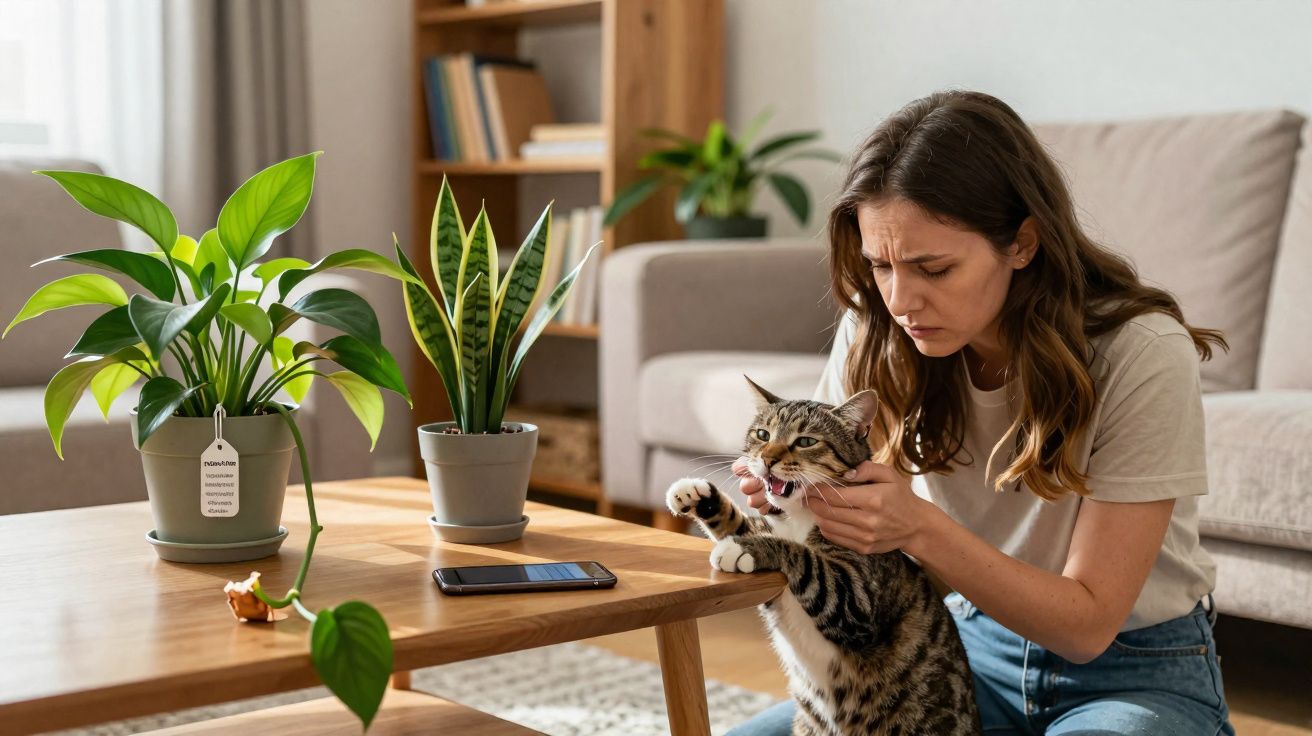 Mulher preocupada examinando a boca de um gato dentro de uma sala de estar com plantas e sofá.